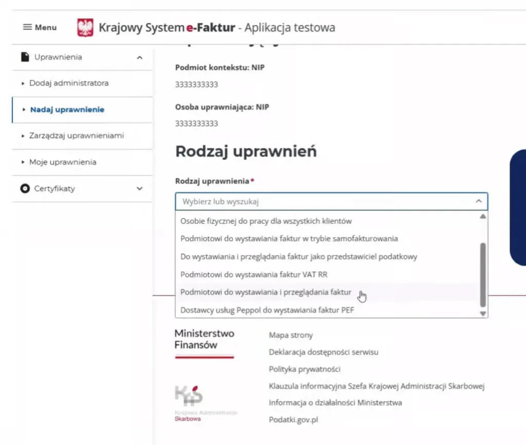 Seznam typů oprávnění s možností vystavování a prohlížení faktur